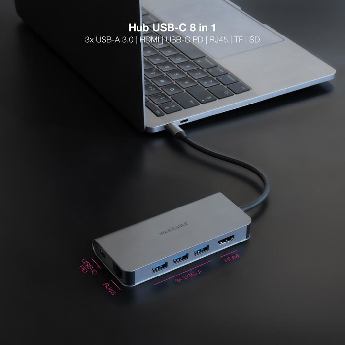 Nanocable Hub USB-C 8 en 1 Multiport avec HDMI 4K, Ethernet, PD 100W