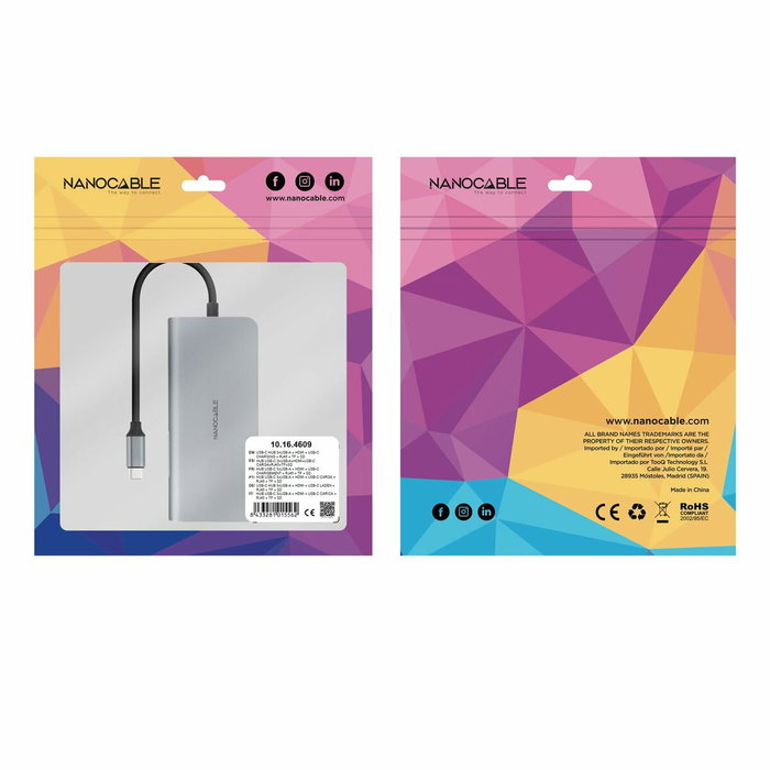 Hub USB NANOCABLE Hub 8en1 Gris 18 cm Hub USB NANOCABLE Hub 8en1 Gris 18 cm