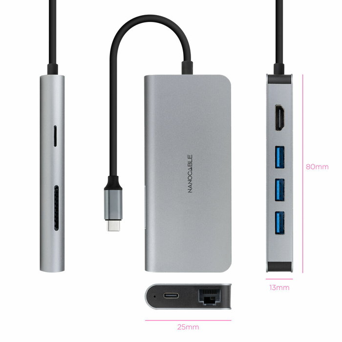 Hub USB NANOCABLE Hub 8en1 Gris 18 cm Hub USB NANOCABLE Hub 8en1 Gris 18 cm