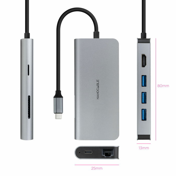 Hub USB NANOCABLE Hub 8en1 Gris 18 cm
