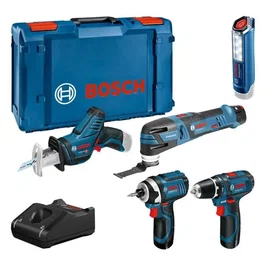 Bosch Professional Kit d'outils 12 V 5 en 1 : GSR 12V15, GOP 12V28, GDR 12V105, GSA 12V14, GLI 12V300 avec 3 batteries 2.0Ah, chargeur et XL-Boxx
