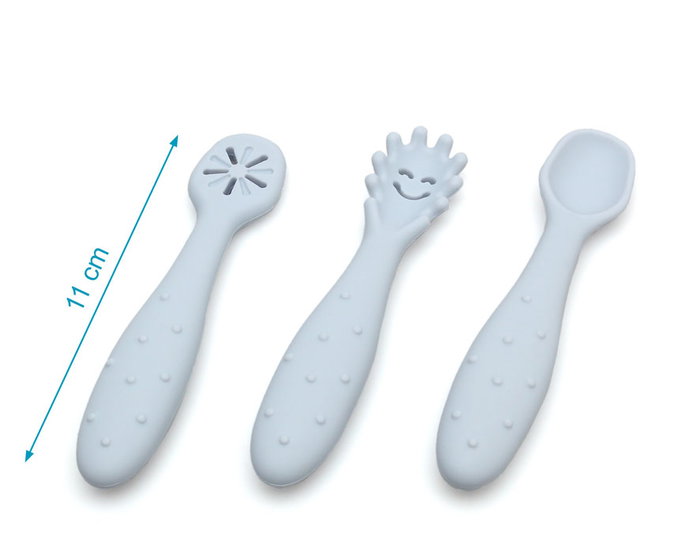 KioKids Set de 3 ustensiles de sevrage en silicone bleu pour bébé - Précuillère, cuillère, préfourchette - Âge recommandé +6 mois, résistant à la chaleur, lavable au lave-vaisselle