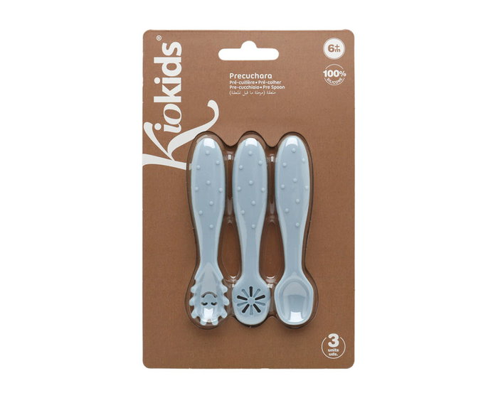 KioKids Set de 3 ustensiles de sevrage en silicone bleu pour bébé - Précuillère, cuillère, préfourchette - Âge recommandé +6 mois, résistant à la chaleur, lavable au lave-vaisselle