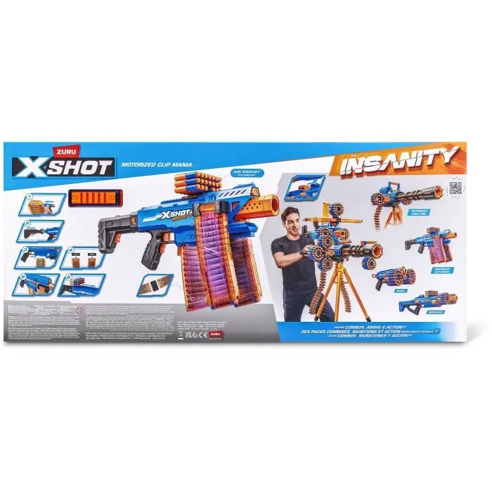 ZURU - X-SHOT Clip Blaster - Blaster motorisé avec 4 chargeurs, portée 27 m et extensions incluses pour batailles