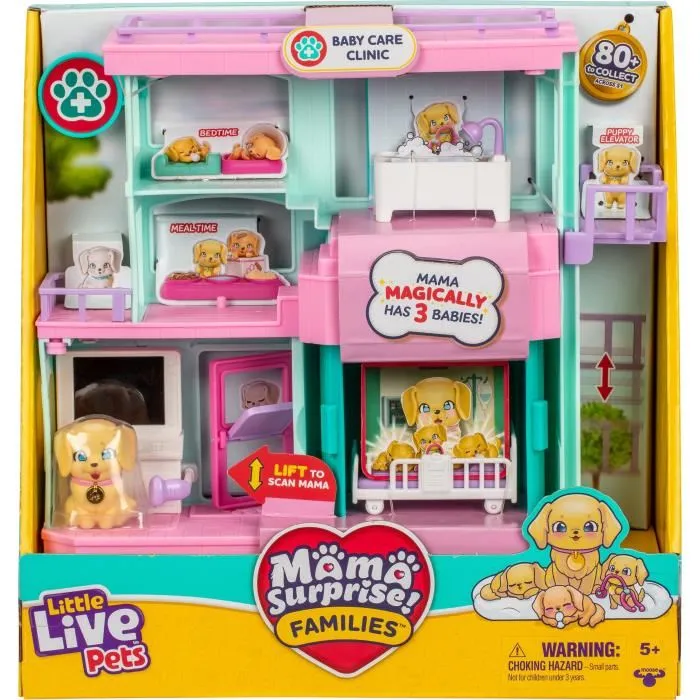 Little Live Pets - Mama Surprise - Clinique vétérinaire pour chien, jeu avec accessoires inclus, naissance magique, ascenseur, baignoire, échographe - À partir de 5 ans