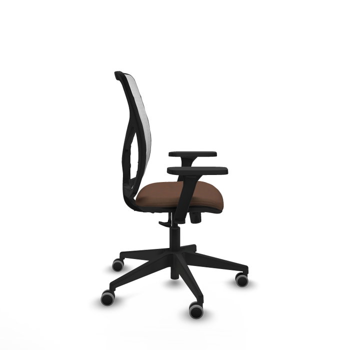Chaise Motilla Synchro 3 positions tissu Marron foncé Maille Blanc Base pyramidale noire Accoudoir 3D Sans appui-tête Roulettes 65mm pour moquette
