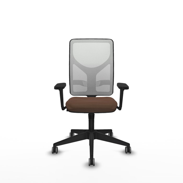 Chaise Motilla Synchro 3 positions tissu Marron foncé Maille Blanc Base pyramidale noire Accoudoir 3D Sans appui-tête Roulettes 65mm pour moquette