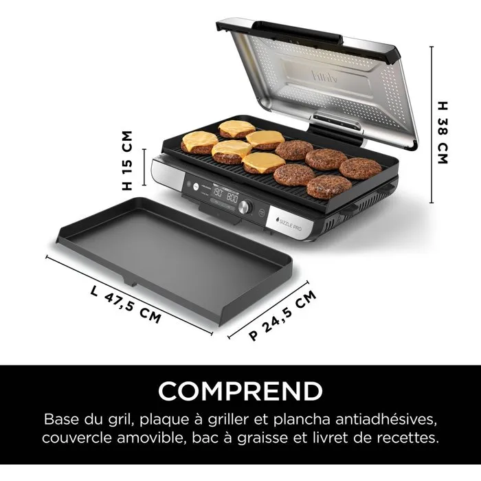 Ninja Sizzle GX101EU - Grill et plancha d'intérieur XL avec couvercle amovible