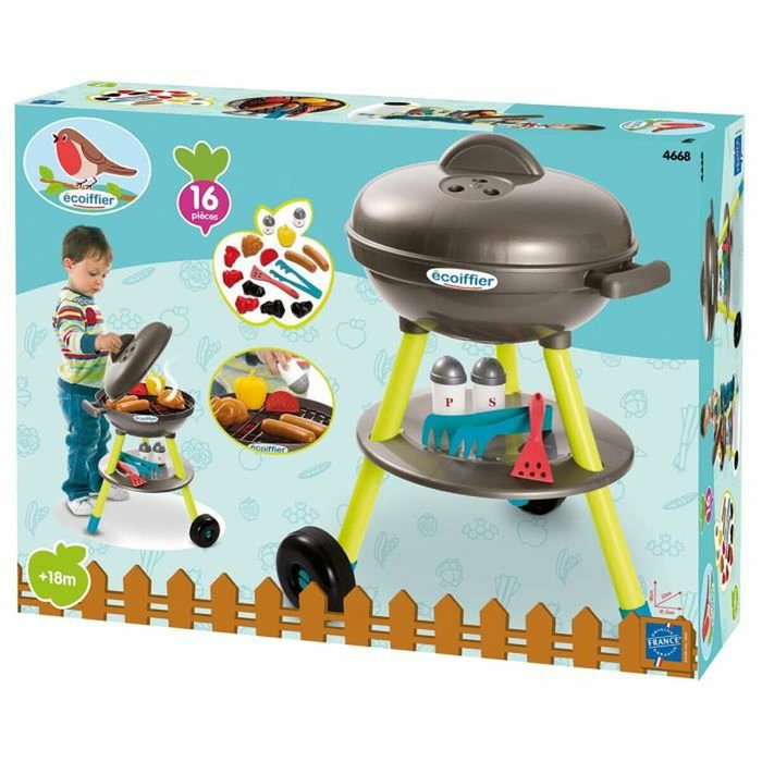 Ecoiffier - Jouet Barbecue à Charbon pour Enfants avec 16 Accessoires (Grille, Aliments, Ustensiles) - Fabriqué en France - Jeu d'Imitation et d'Extérieur