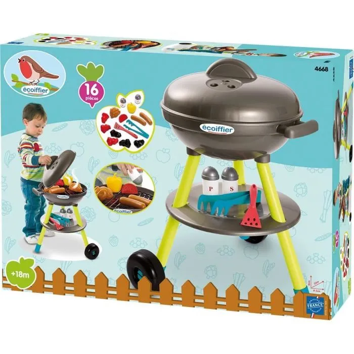 Ecoiffier - Jouet Barbecue à Charbon pour Enfants avec 16 Accessoires (Grille, Aliments, Ustensiles) - Fabriqué en France - Jeu d'Imitation et d'Extérieur