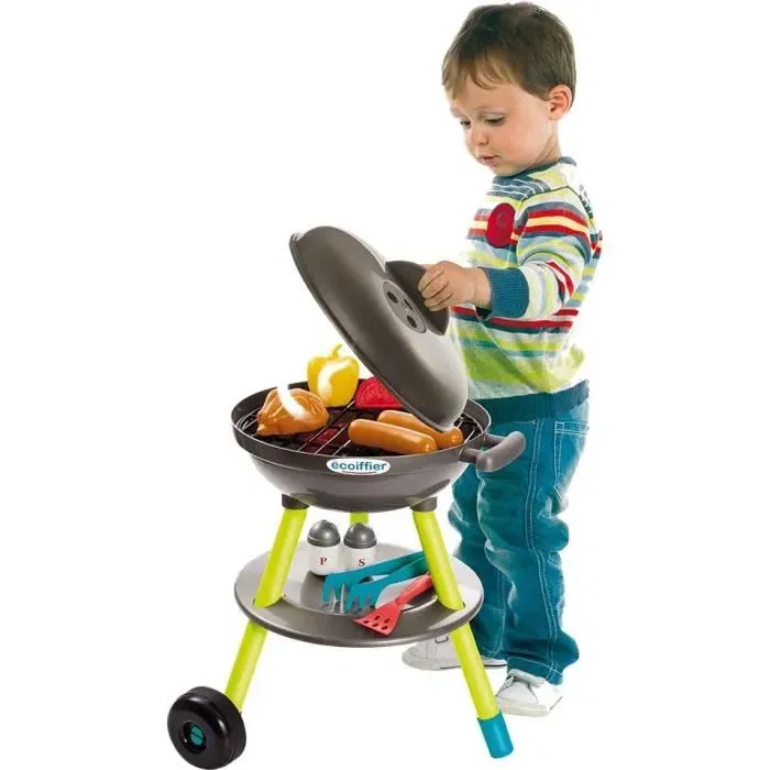 Ecoiffier - Jouet Barbecue à Charbon pour Enfants avec 16 Accessoires (Grille, Aliments, Ustensiles) - Fabriqué en France - Jeu d'Imitation et d'Extérieur