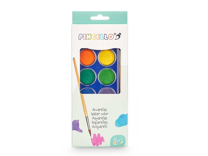 Pincello Aquarelles 12 Couleurs avec Pinceau Bois - 10 x 24,5 x 1,5 cm (Set de 72)