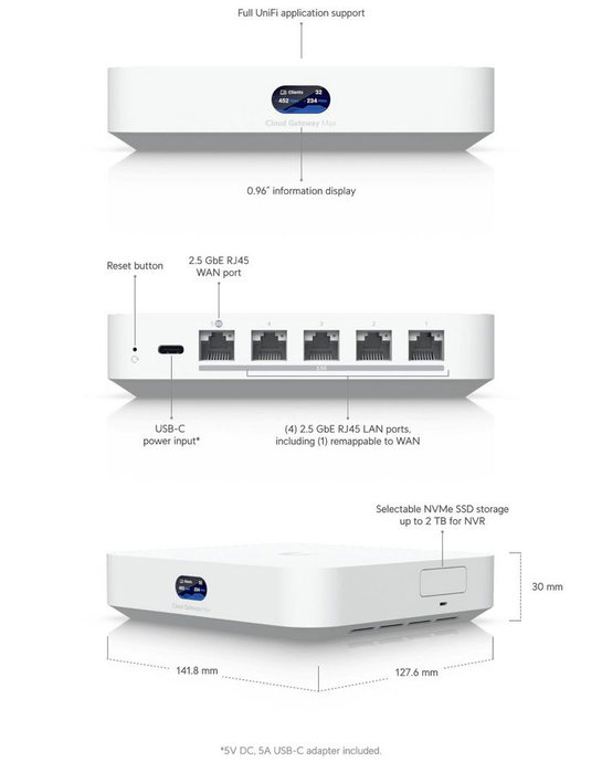 Ubiquiti Cloud Gateway Max - Passerelle Cloud 2.5G compacte, gestion 30+ appareils UniFi, routage IPS 2.3 Gbps, stockage NVMe 512 Go