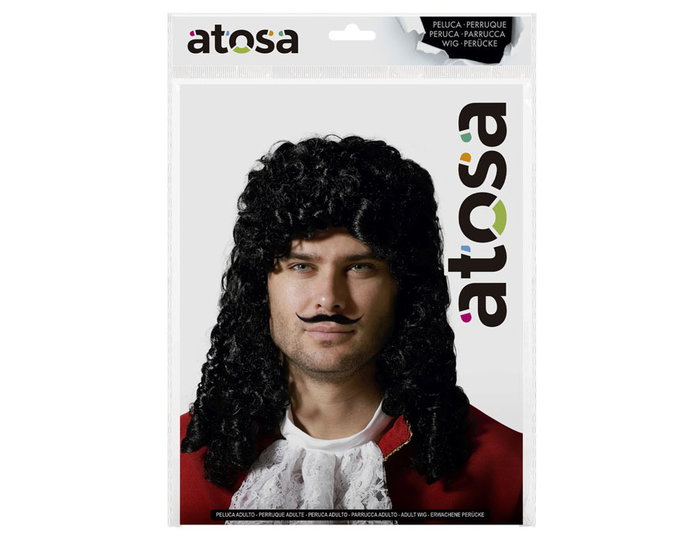 Peluca Rizada Negra De Corsario - Perruque bouclée pirate noire 130 gr pour costume de corsaire, noble ou personnage historique