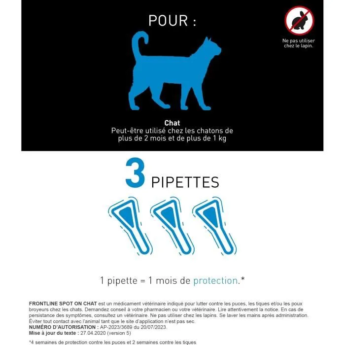 Frontline Spot On pour chat - 3 pipettes - Anti-puces, anti-tiques et anti-poux - DAPP - A partir de 1 kg et 8 semaines