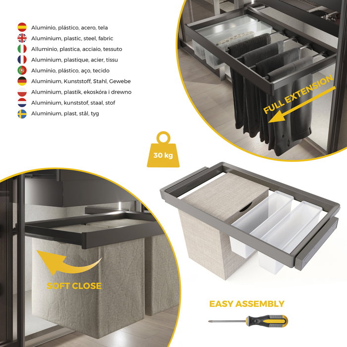 Emuca Kit 2 plateaus auxiliaires, 1 panier et rack ajustable Quartz pour armoires, glissières extension totale et à fermeture douce, Module 90cm, Finition Titane Emuca Kit 2 plateaus auxiliaires, 1 panier et rack ajustable Quartz pour armoires, glissières extension totale et à fermeture douce, Module 90cm, Finition Titane