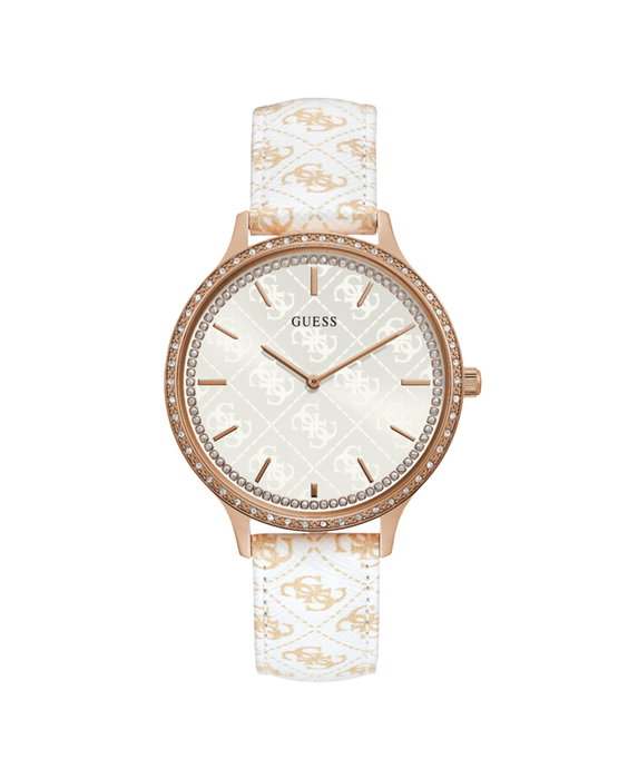 Guess W1229L3 avec bracelet en cuir blanc et boîtier doré Guess W1229L3 avec bracelet en cuir blanc et boîtier doré