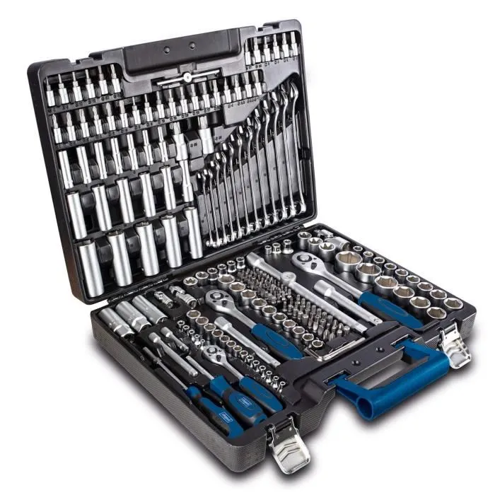 Scheppach Mallette à outils 217 pièces TB217 - Clés, douilles en acier chrome vanadium - Trousse compacte pour professionnels et bricoleurs Scheppach Mallette à outils 217 pièces TB217 - Clés, douilles en acier chrome vanadium - Trousse compacte pour professionnels et bricoleurs