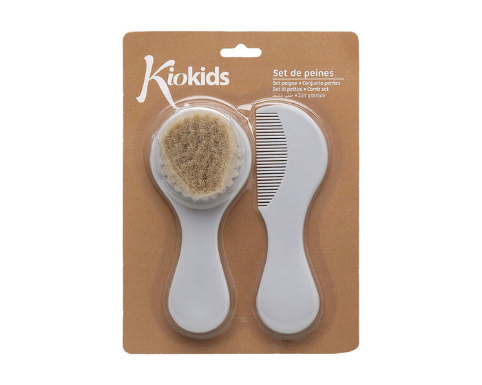 KioKids Set de Peigne et Brosse à Cheveux en Soies Naturelles Gris pour Bébé +0 Mois - Collection Petit Moments