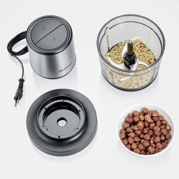 Severin KM3867 Hachoir électrique 400 W, récipient verre 1 L, 2 vitesses, Noir/Inox