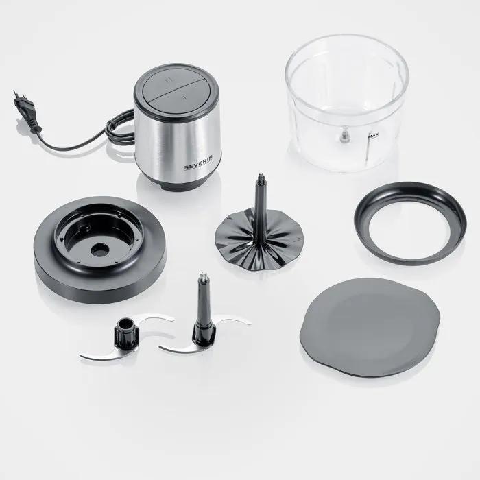 Severin KM3867 Hachoir électrique 400 W, récipient verre 1 L, 2 vitesses, Noir/Inox