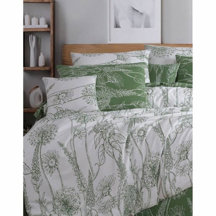 Parure de couette Blanc et Vert en Coton Renforcé - 220 x 240 cm, 3 pièces