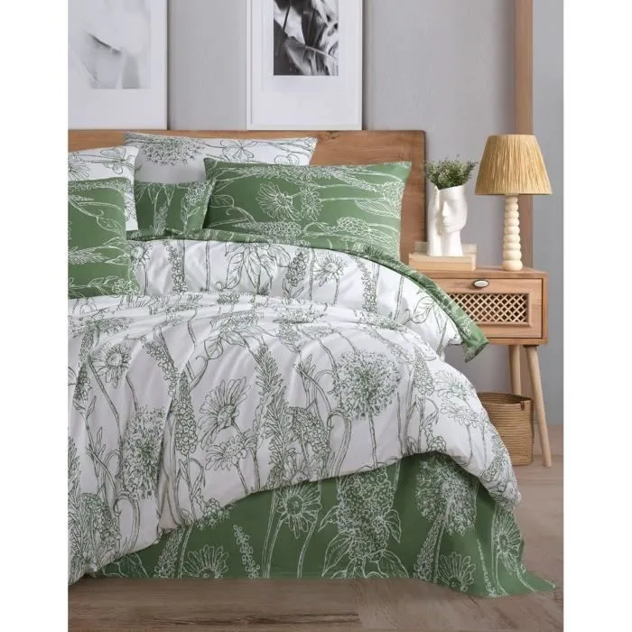 Parure de lit King 1 housse de couette 220 x 240 cm + 2 taies d'oreiller 60 x 60 cm - Coton renforcé 100% - Blanc et Vert - Ensemble de literie complète