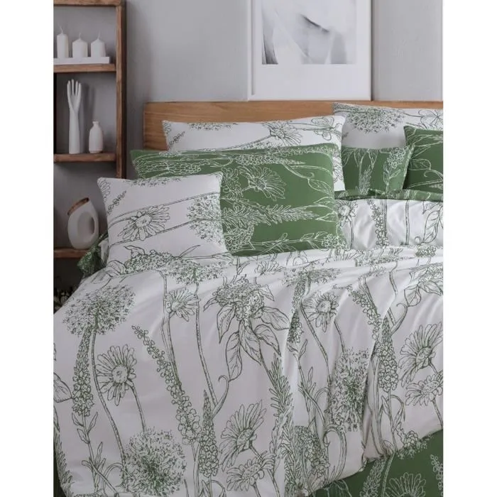 Parure de lit King 1 housse de couette 220 x 240 cm + 2 taies d'oreiller 60 x 60 cm - Coton renforcé 100% - Blanc et Vert - Ensemble de literie complète