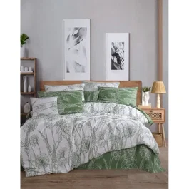 Parure de lit King 1 housse de couette 220 x 240 cm + 2 taies d'oreiller 60 x 60 cm - Coton renforcé 100% - Blanc et Vert - Ensemble de literie complète