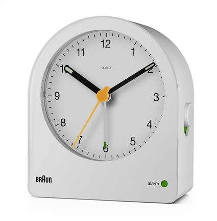 Braun BC-22-W Réveil Analogique Classique Blanc avec Aiguilles Lumineuses et Alarme Progressive - Design Élégant pour Table de Nuit