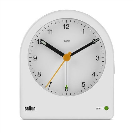 Braun BC-22-W Réveil Analogique Classique Blanc avec Aiguilles Lumineuses et Alarme Progressive - Design Élégant pour Table de Nuit