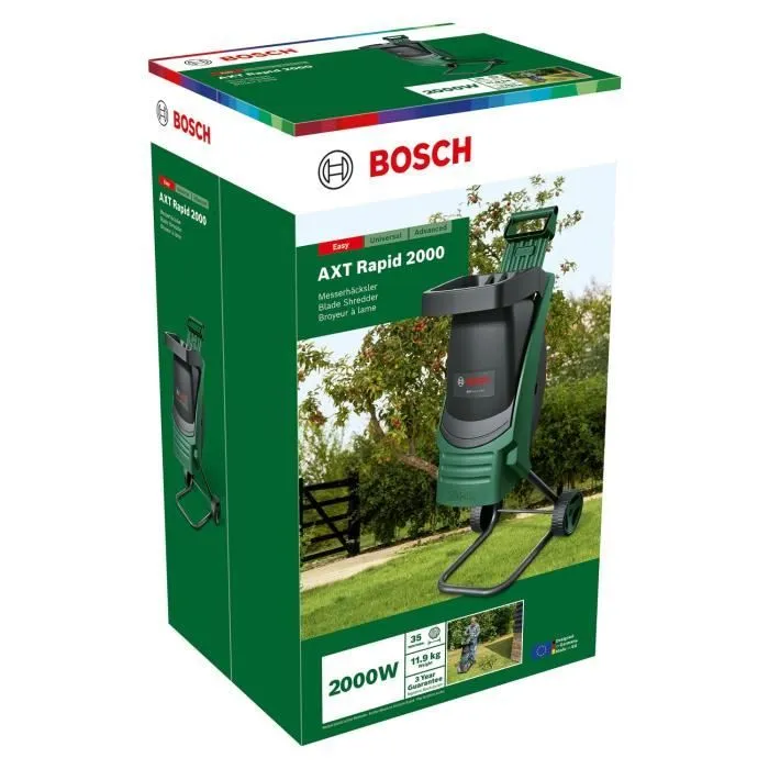 Bosch Broyeur de végétaux électrique AXT RAPID 2000 - Broyage branches jusqu'à 35 mm, variateur OptiCut, lame réversible découpée laser