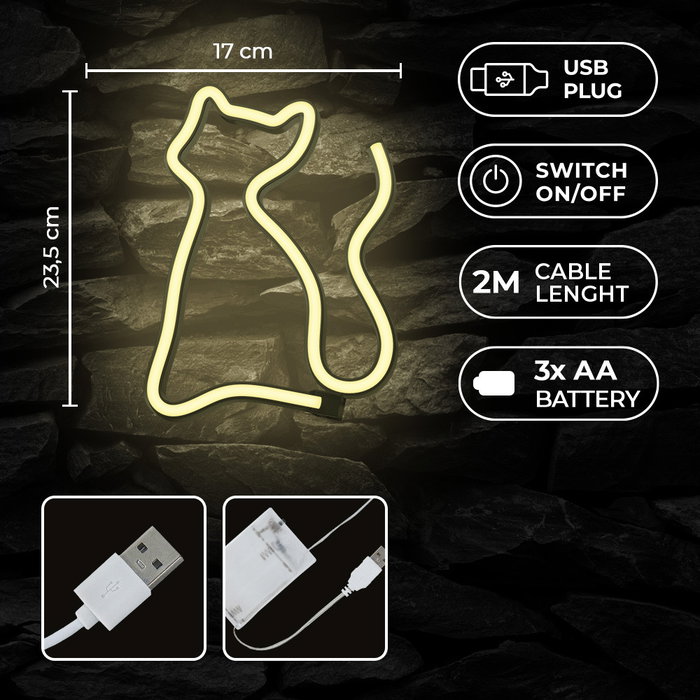 Forever Lampe Néon LED Chat Lumière Blanche Chaude USB/Piles Décoration Bureau