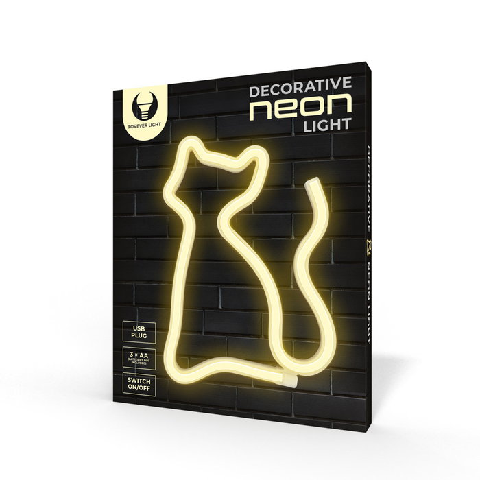 Forever Lampe Néon LED Chat Lumière Blanche Chaude USB/Piles Décoration Bureau