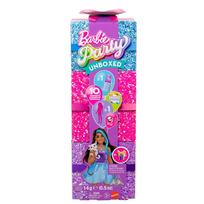 Barbie - Barbie Party Unboxed, Série Glam Party Roja Jfy68, Poupée avec 10 Surprises à Déballer pour Une Fête