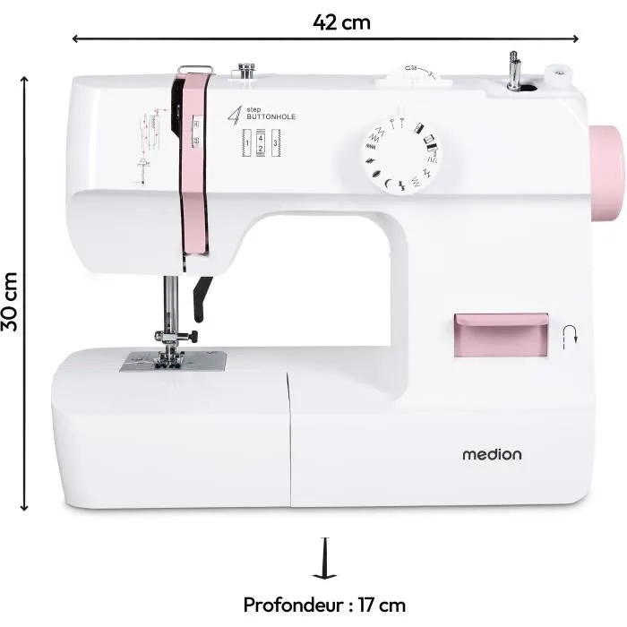 Medion SM 70 - Machine à coudre 71W, 12 points, 700 tr/min, éclairage LED, couleur rose