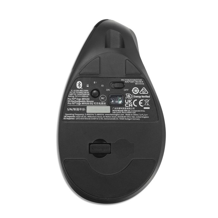 Kensington Souris Ergonomique Verticale MY630 EQ Rechargeable - Confort Pro Fit, Bluetooth et 2.4 GHz, 57% Recyclé