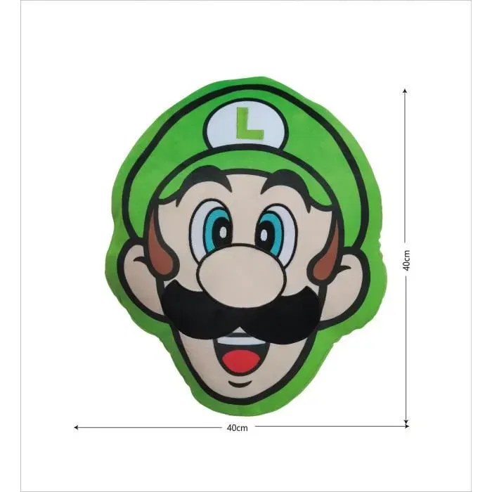 Mario Bros Coussin décoratif 3D Visage Luigi 40 cm - Microfibre velours - Idéal salon, chambre