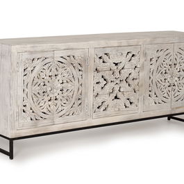 GINER Y COLOMER - Buffet en bois de manguier massif et métal avec 4 portes, 3 tiroirs, finition blanc vieilli - 80 x 190 x 38 cm