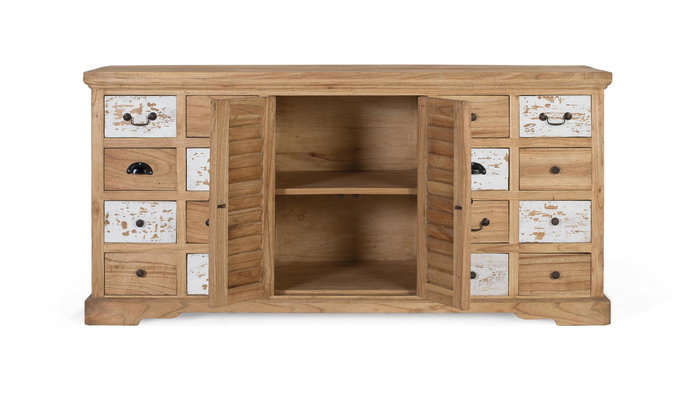GINER Y COLOMER - Buffet Rustique en Bois Massif de Mindi avec 12 Tiroirs et 2 Portes, Meuble de Stockage Blanc Vieilli pour Salle à Manger