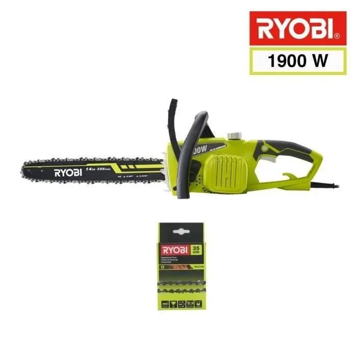 Ryobi Tronçonneuse électrique 1900 W RCS1935B2C - Guide de 35 cm, vitesse de chaîne 15 m/s, tendeur sans outil, avec une seconde chaîne offerte