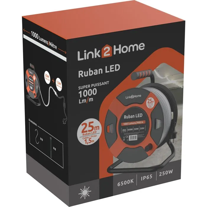 Link2Home Enrouleur LED 25 m 1000 Lm/m 10 W/m IP65 Blanc Froid 6000K Extérieur Chantier Jardin