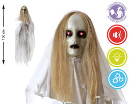 Fantôme suspendu avec tunique blanche et cheveux blonds 100 cm avec lumière et sonorisation pour Halloween - Décoration d'horreur animée avec détection de mouvement