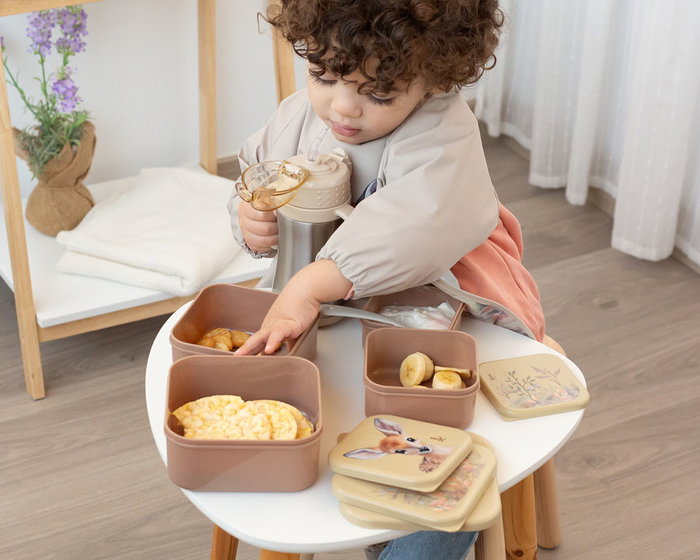 KioKids Honey - Set de 4 Boîtes de Conservation Alimentaire pour Enfants avec Motif Cerf, 230ml à 700ml, Beige, Empilables, Hermétique, Lavable au Lave-Vaisselle