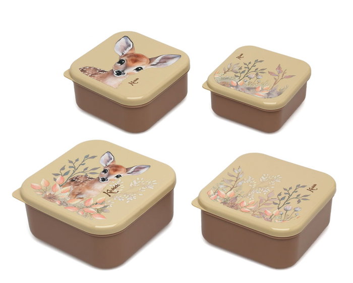 KioKids Honey - Set de 4 Boîtes de Conservation Alimentaire pour Enfants avec Motif Cerf, 230ml à 700ml, Beige, Empilables, Hermétique, Lavable au Lave-Vaisselle