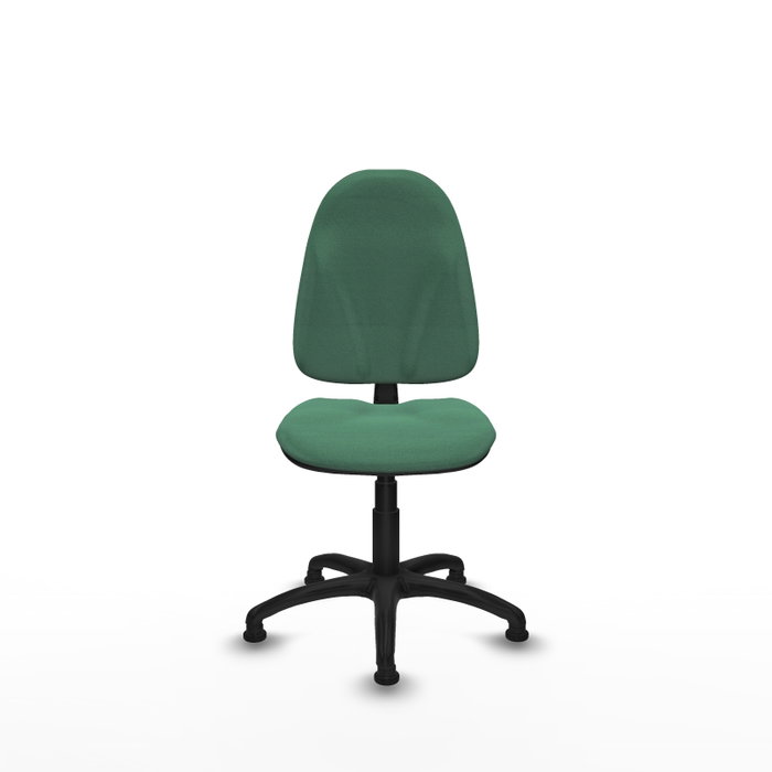 Chaise de bureau Algarra avec mécanisme de contact permanent de base, recouverte de tissu vert émeraude. Équipée d'une base en polyamide noir, sans accoudoirs et avec butées