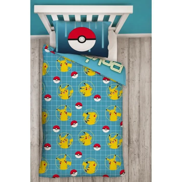 Pokemon - Parure de lit réversible 2 pièces microfibre Pikachu Laser - Housse de couette 140 x 200 cm + Taie 63 x 63 cm