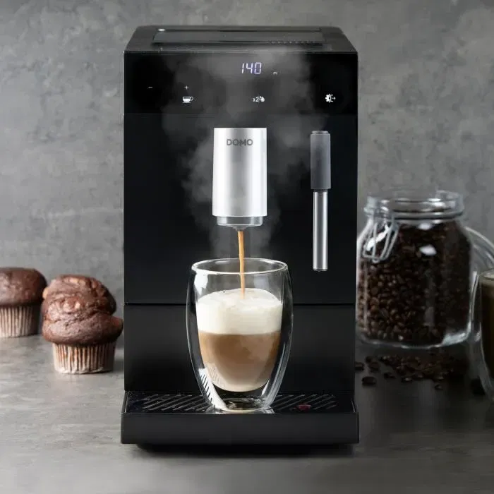 DOMO DO1150K Machine à Expresso Automatique avec Broyeur - 1350 W - 19 bar - Écran Tactile - 1,1 L - Noir