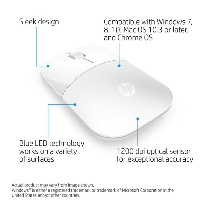 HP Z3700 - Souris sans fil optique 1200 DPI Bluetooth et USB, couleur blanche - Compatible Windows, Mac, Chrome OS