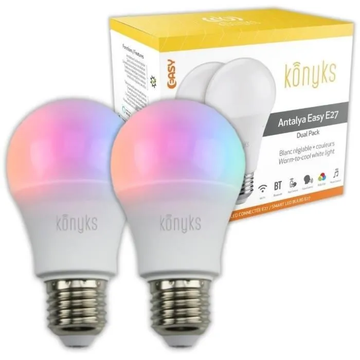 KONYKS Antalya Easy E27 - Ampoules LED Connectées, Pack de 2, 11 W, Wi-Fi et Bluetooth, Couleurs RVB et Blanc Réglable, Compatible Alexa et Google Home KONYKS Antalya Easy E27 - Ampoules LED Connectées, Pack de 2, 11 W, Wi-Fi et Bluetooth, Couleurs RVB et Blanc Réglable, Compatible Alexa et Google Home